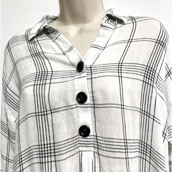 J. JILL Linen Blend Button Plaid Pullover Top Roll Tab Sleeves Womens Medium - Picture 4 of 9